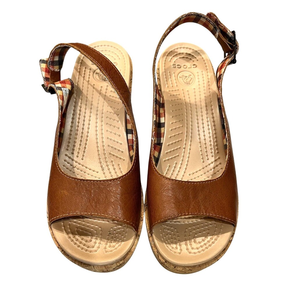 Crocs A-LEIGH Brown Leather Slingback Cork Platform Wedge Pump Sandal  Size 8 - Picture 7 of 9
